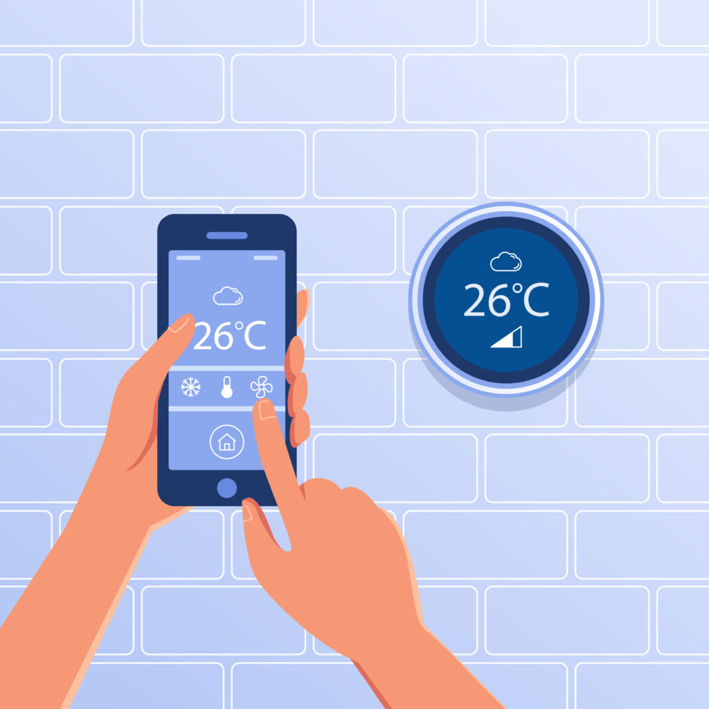 Smart thermostat set up and controlled with a smartphone. Smart house, internet of things, mobile control panel, remote access, innovation concept. Vector flat design illustration.