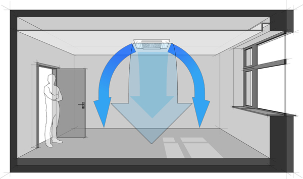 Diagram of a room cooled with air conditioner built in a suspended ceiling (another room diagram from the collection, all with the same point of view, easy to combine) 