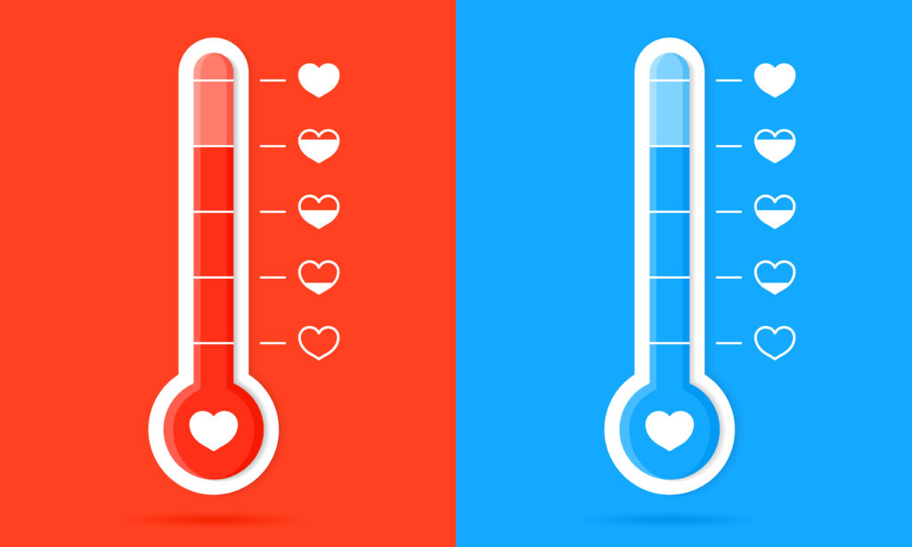 Thermometer with hearts. Meter of love. Gauge of temperature of love and happy. Couple icons with scale of warm on orange and blue background. High goal with indicator. Concept of romance. Vector.